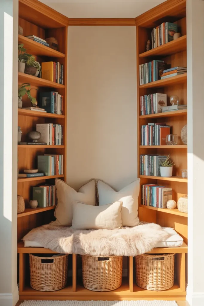 Closet converted into reading nook with floor to ceiling bookshelves and woven storage baskets