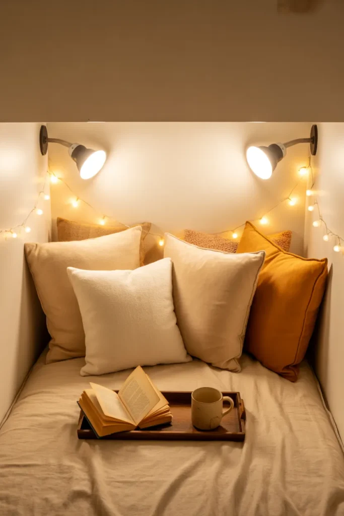 Closet converted to a cozy reading nook with floor cushions, fairy lights, and pillows on a budget.