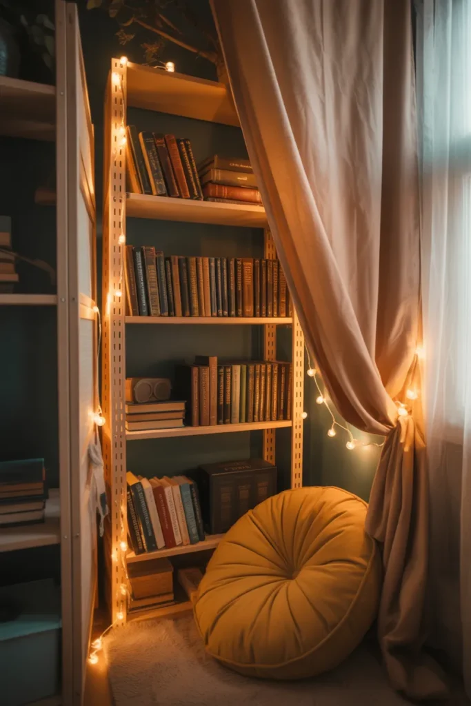 Closet reading nook IKEA hack with Ivar shelves fairy lights and cozy cushion