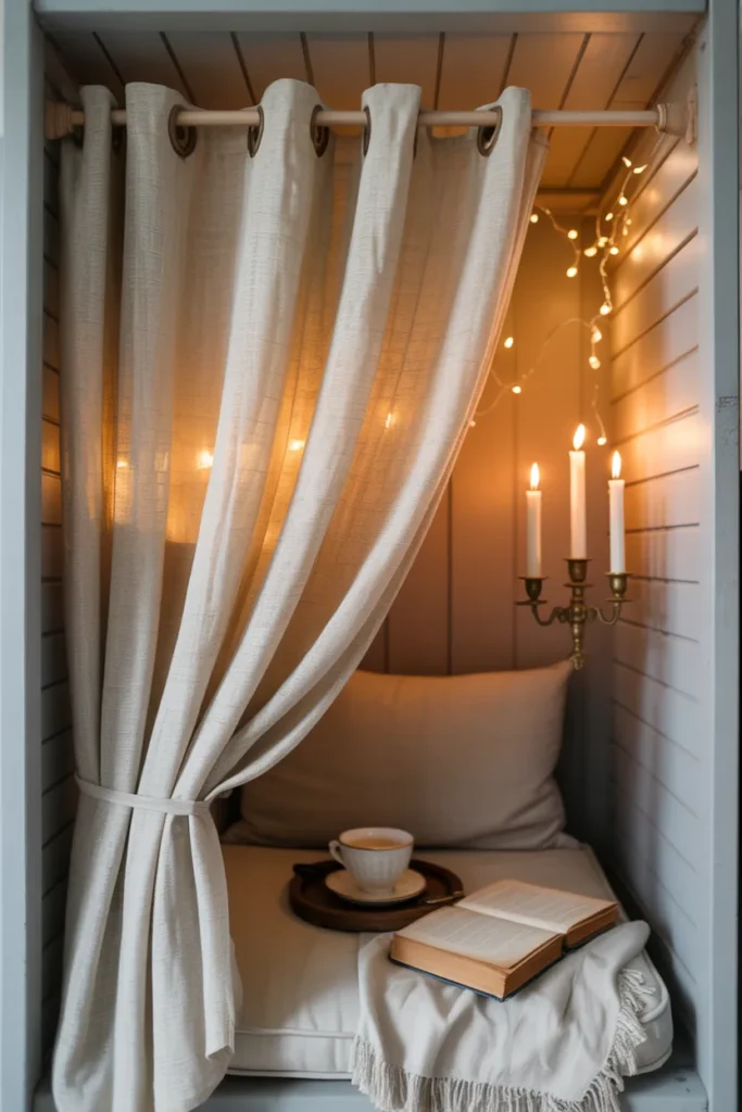 Closet reading nook with linen curtain on brass rod creating cozy hidden retreat