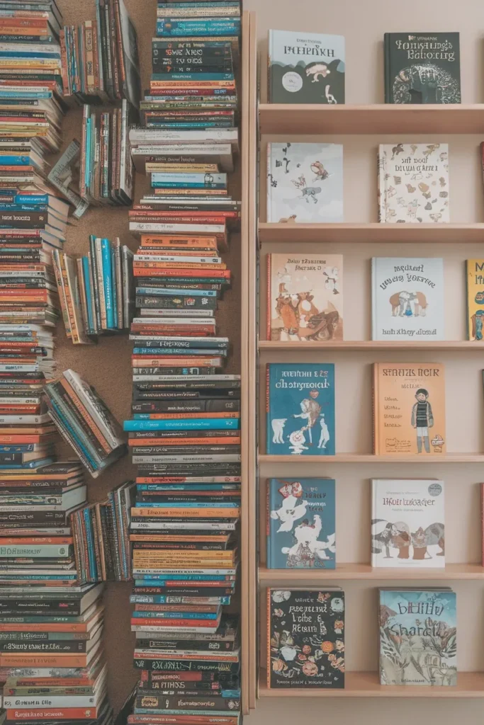 Cluttered bookshelf vs Montessori forward-facing shelf for toddler reading corner