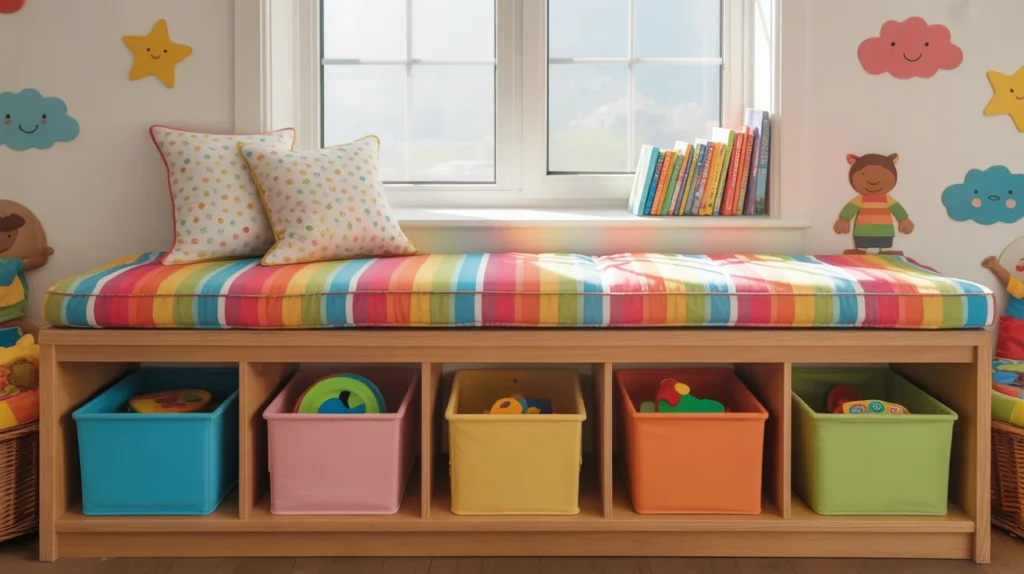 Colorful kids playroom window seat with cubby storage bins and patterned cushion
