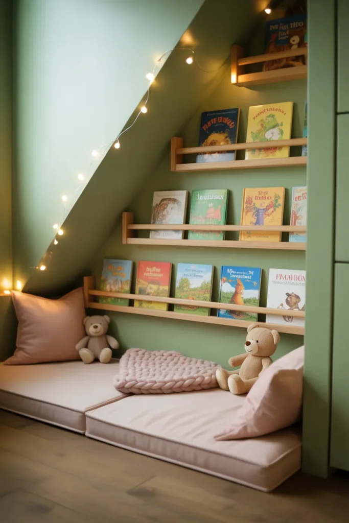  Colorful kids under stairs reading nook with book ledges, fairy lights, and pastel mint walls
