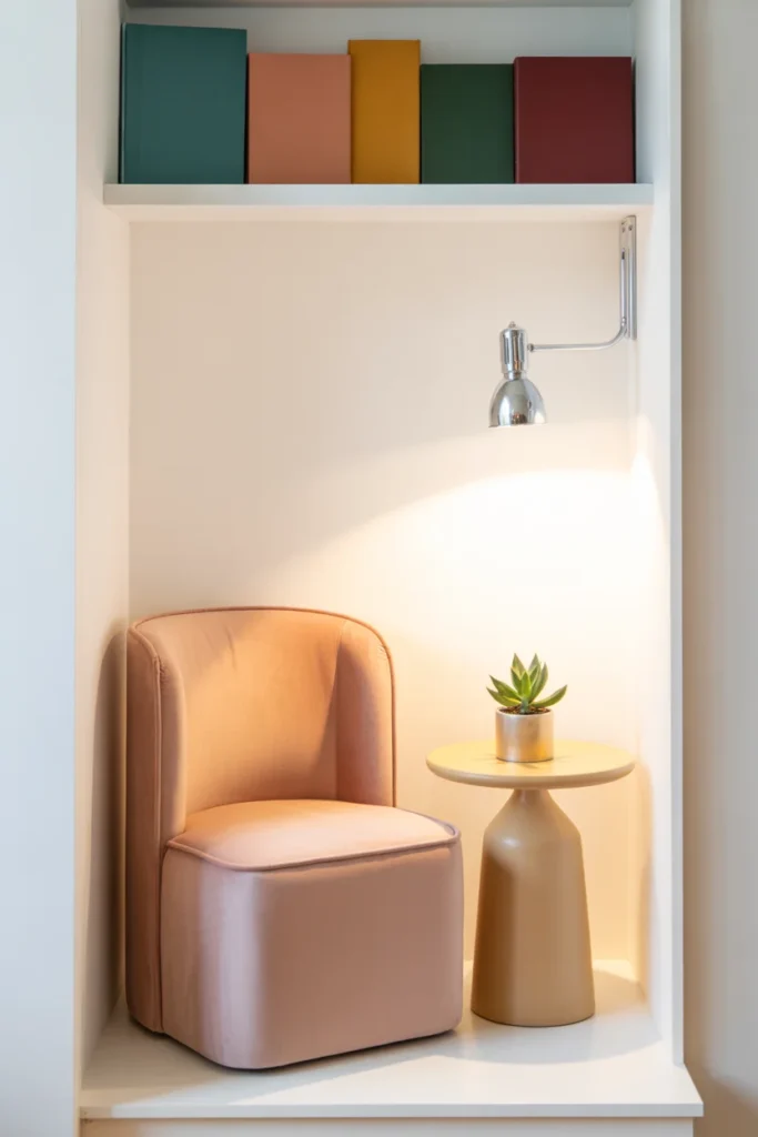 Compact slipper chair in small space reading nook — best reading nook chairs for apartments and tiny rooms