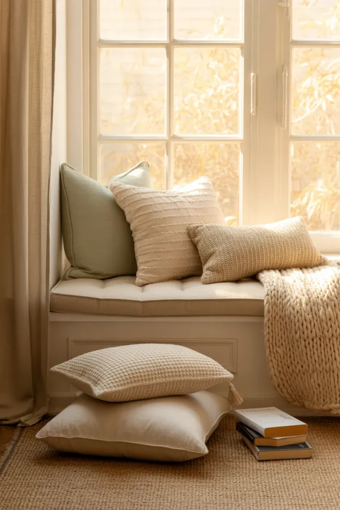 Complete cozy reading nook with layered cushions pillows throws and books