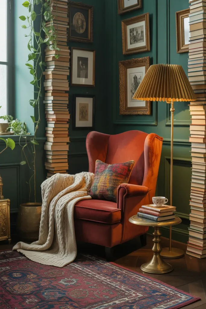 Complete maximalist reading nook with emerald walls, oxblood velvet chair, and layered patterns and books