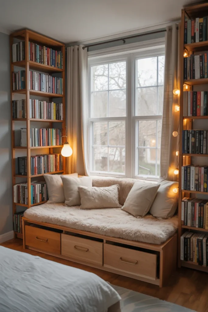 Completed DIY reading nook in bedroom corner with window built-in bench storage drawers bookshelves and soft lighting
