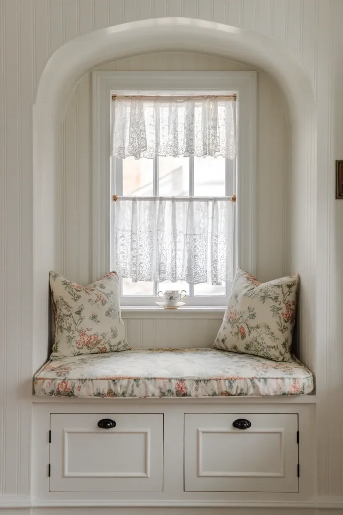 Cottage-style window seat with beadboard paneling, floral cushion, and cabinet storage