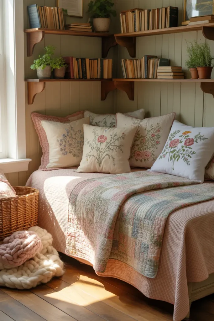 Cottagecore bedroom daybed reading retreat with vintage quilts and wall-mounted bookshelves