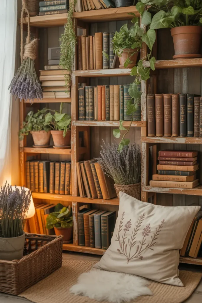 Cottagecore bookshelf alcove reading nook with vintage wooden shelves and dried lavender