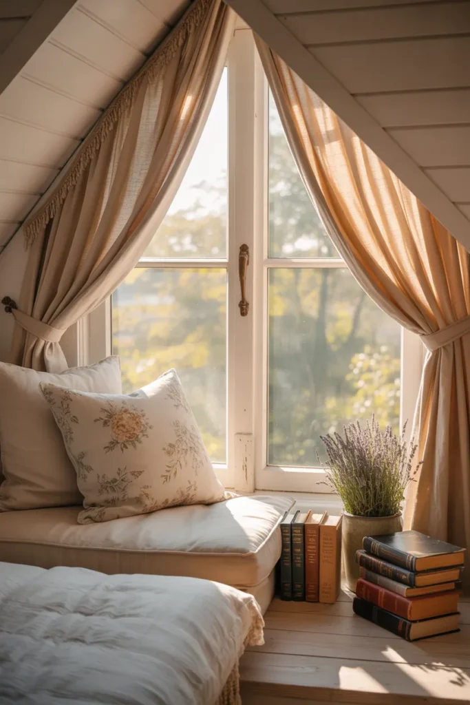 Cottagecore dormer window reading nook in attic with floral cushions and sloped ceiling