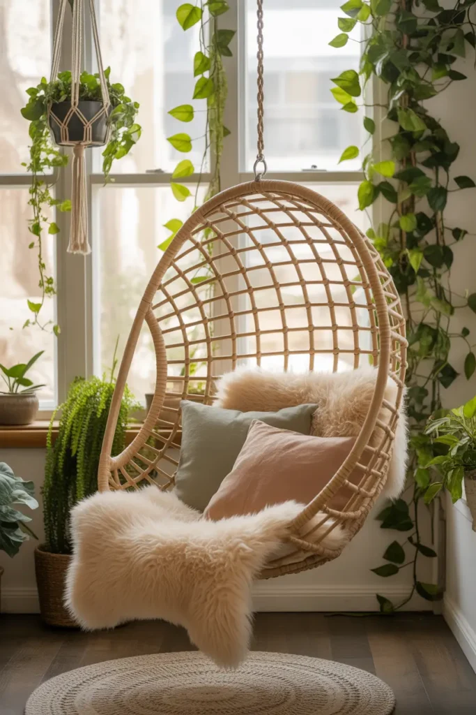  Cottagecore hanging rattan egg chair reading nook with trailing plants and sheepskin throw