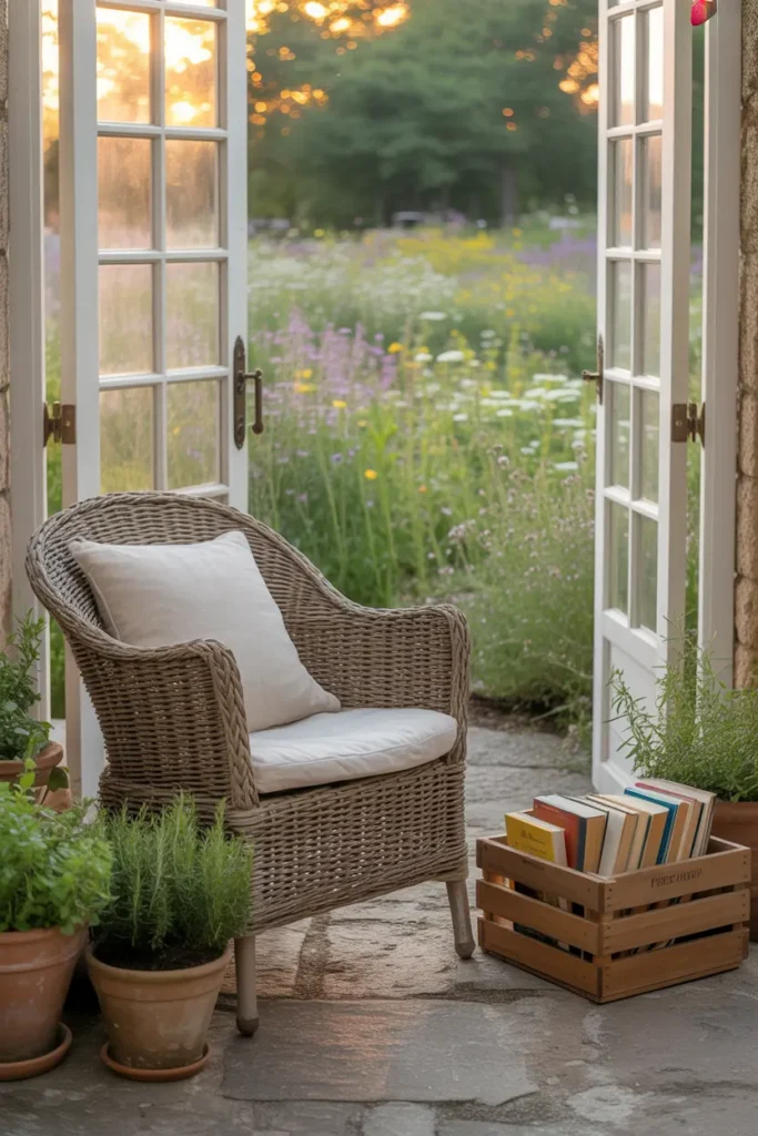 Cottagecore reading nook beside French doors overlooking a wildflower garden with wicker chair