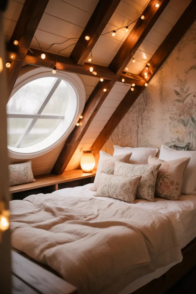 Cottagecore reading shed loft with cream linen bedding and round porthole window