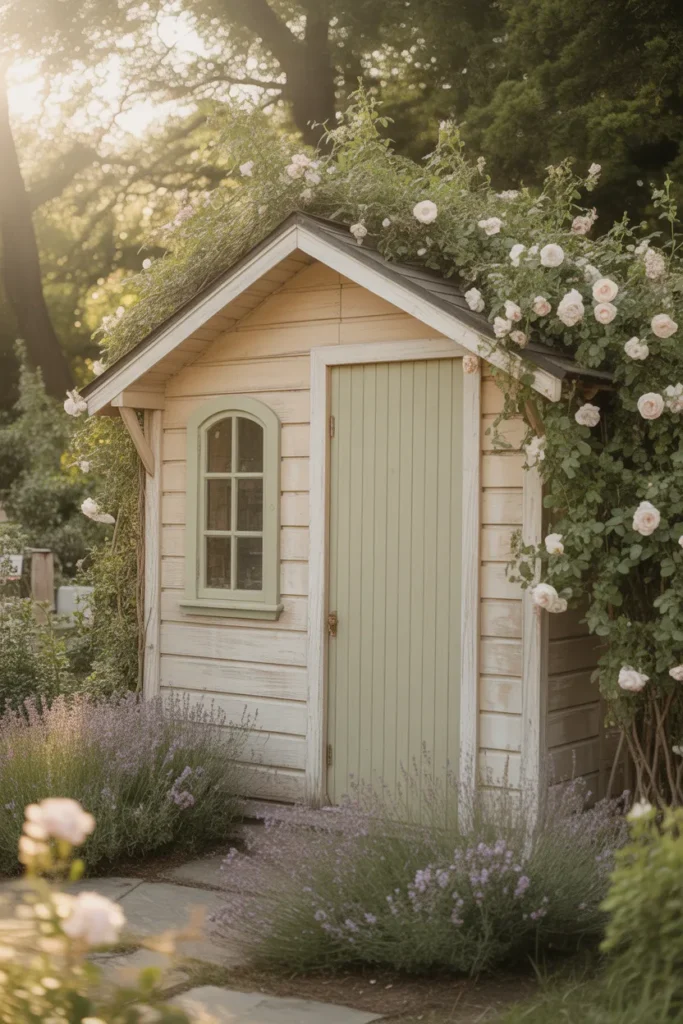 Cottagecore reading shed with arched window and sage green door surrounded by climbing roses