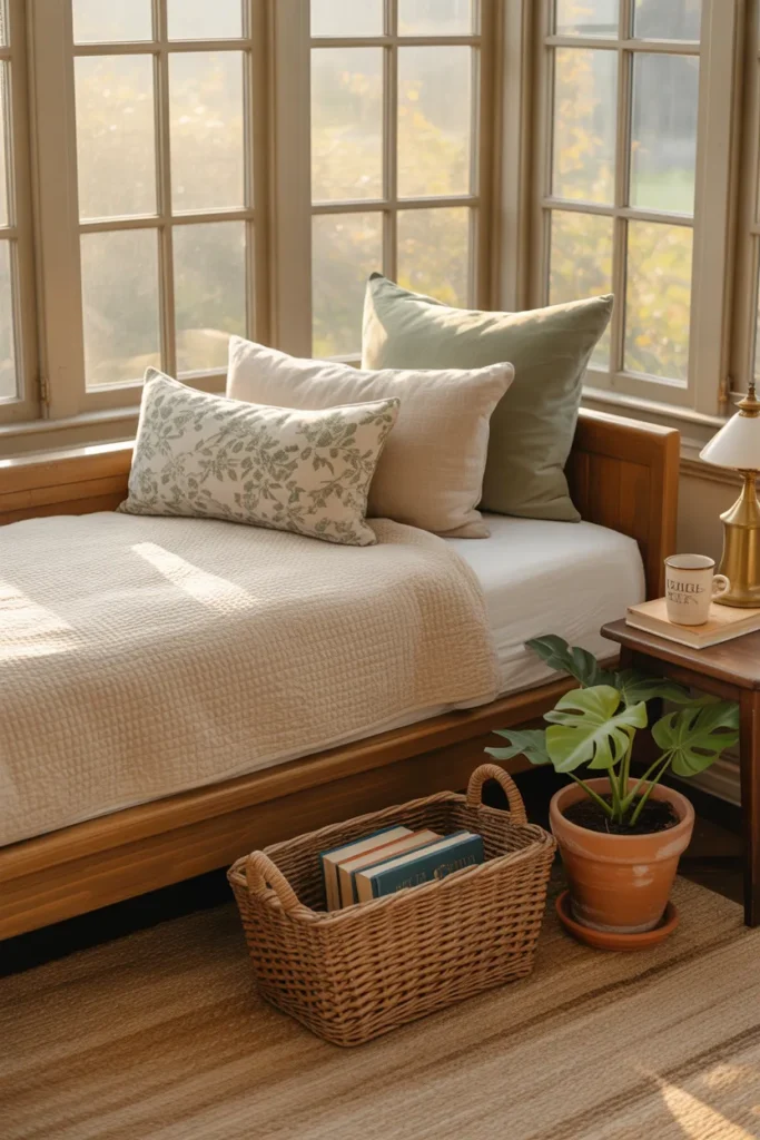Cottagecore sunroom daybed reading nook with cream waffle quilt, layered pillows, and monstera plant.