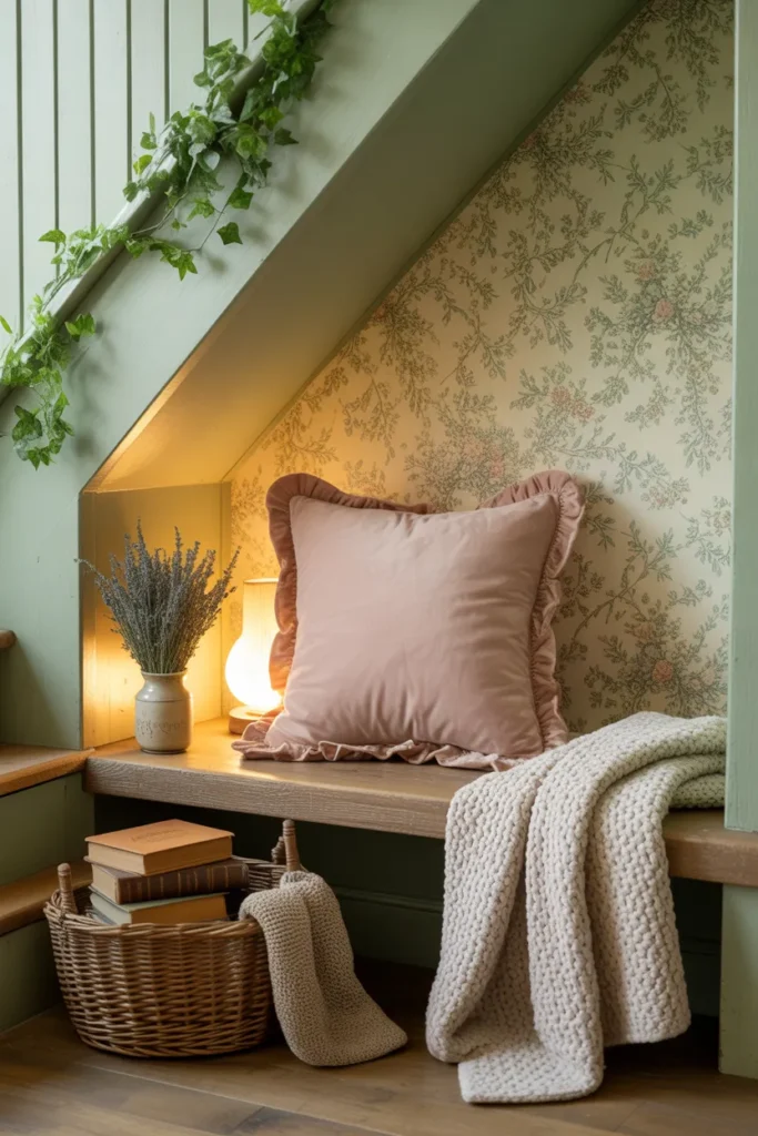 Cottagecore under stairs reading nook with floral wallpaper, dried lavender, and crocheted throw blanket