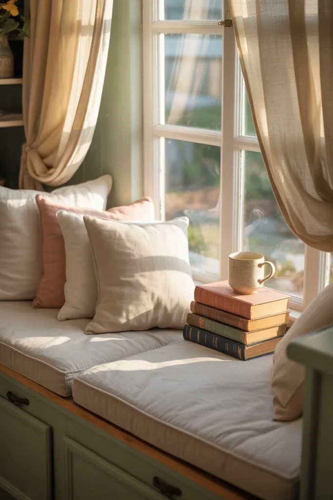 Cottagecore window seat reading nook with linen cushions and vintage books in soft morning light