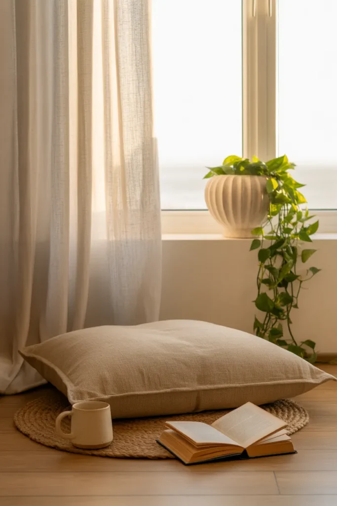 Cozy Scandinavian reading nook on a floor cushion by a sunlit window with sheer linen curtains