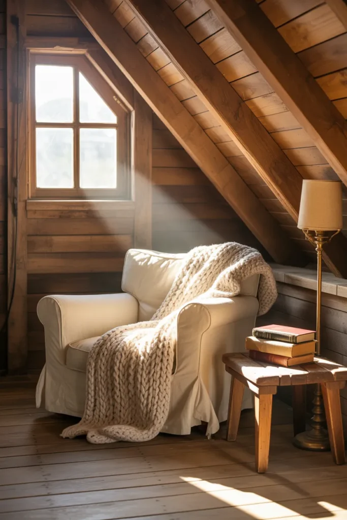 Cozy attic reading nook ideas with slanted ceiling, cream armchair, knit throw and dormer window