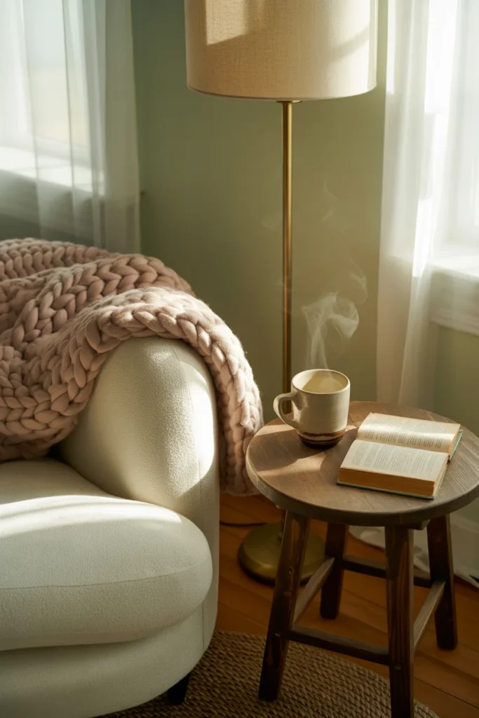 Cozy bedroom reading nook with plush armchair, throw blanket, side table, and warm floor lamp near a sunlit window