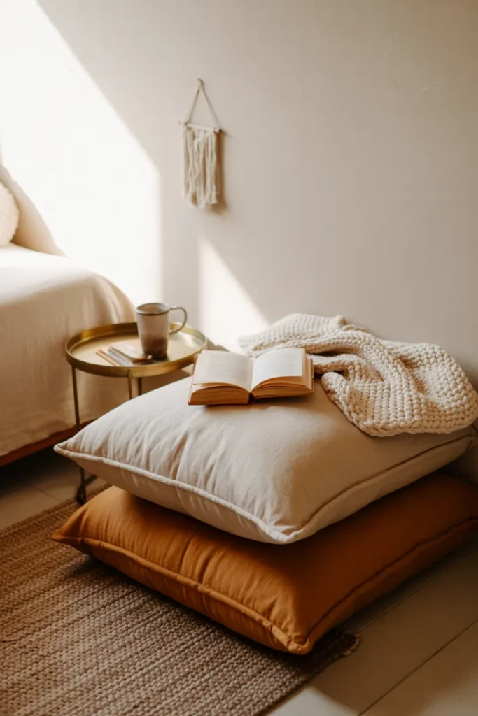 Cozy boho reading nook in bedroom with stacked floor cushions in rust and oatmeal