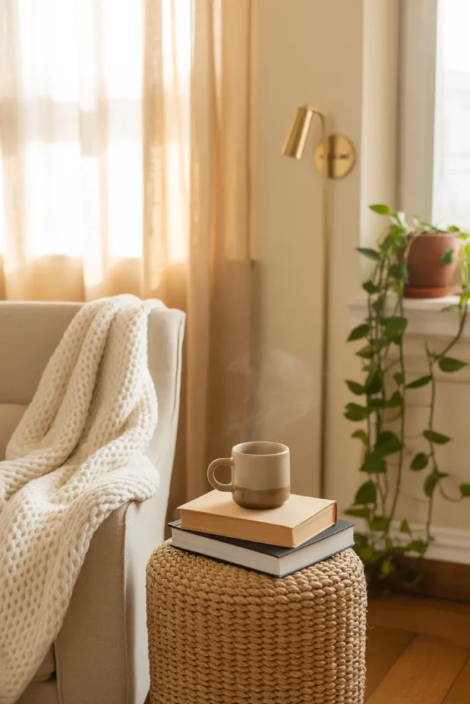 Cozy budget reading nook with cream armchair, waffle throw, brass sconce, and trailing pothos in a small apartment.