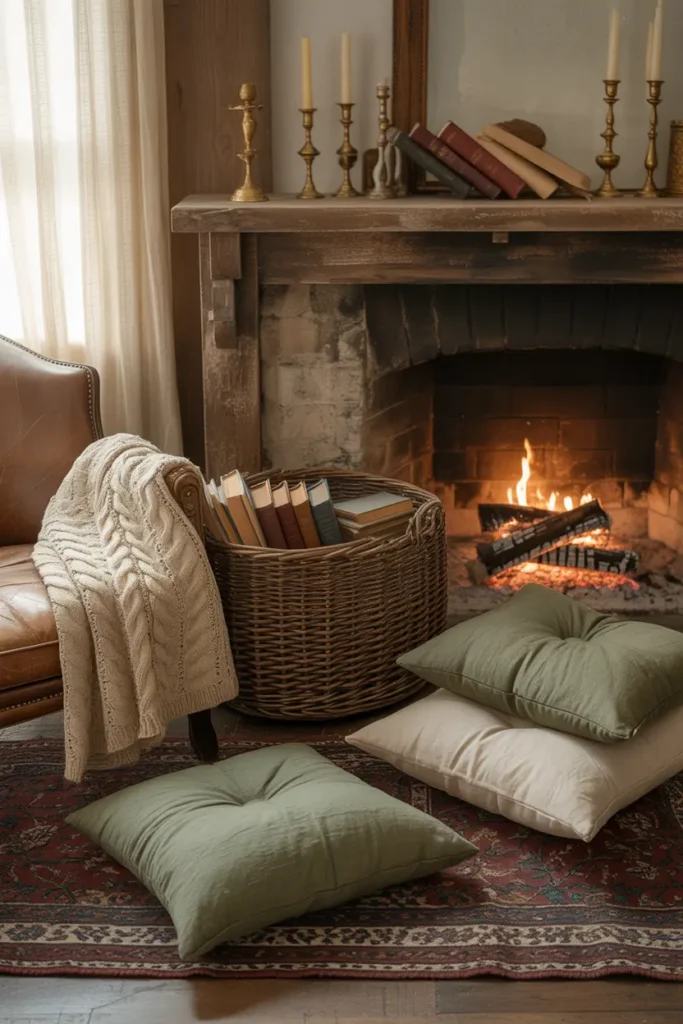  Cozy cottagecore fireplace reading nook with vintage rug and woven book basket