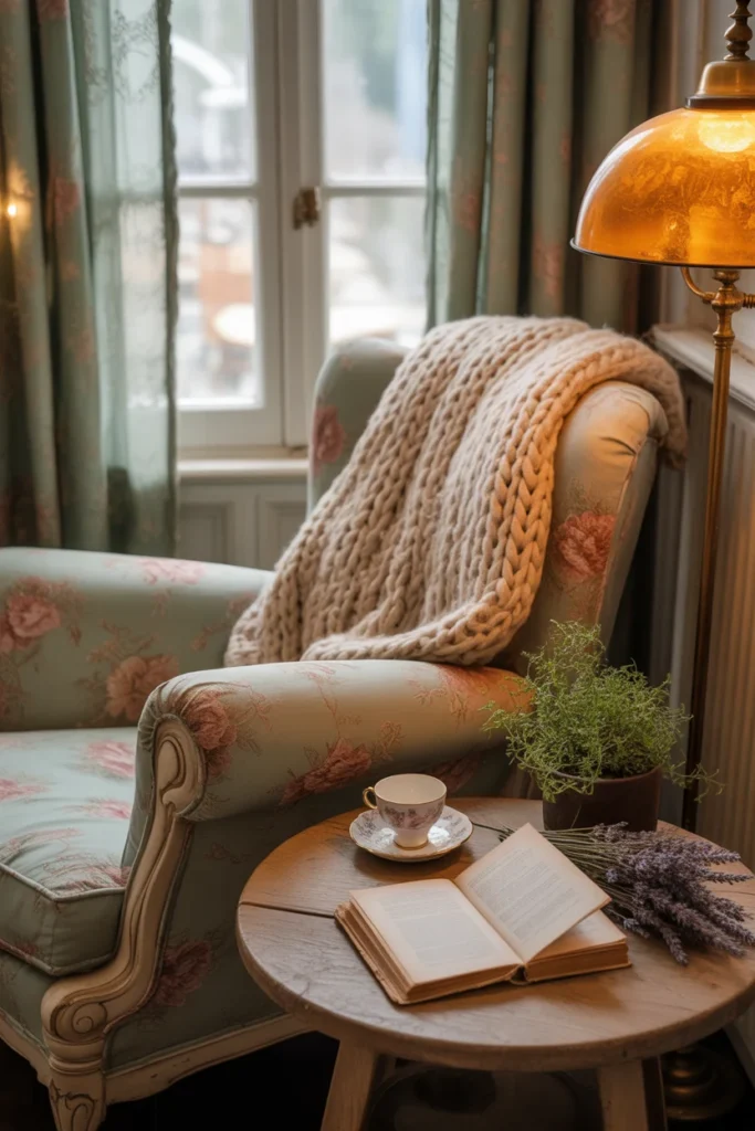 Cozy cottagecore reading corner with vintage floral armchair and knitted throw blanket