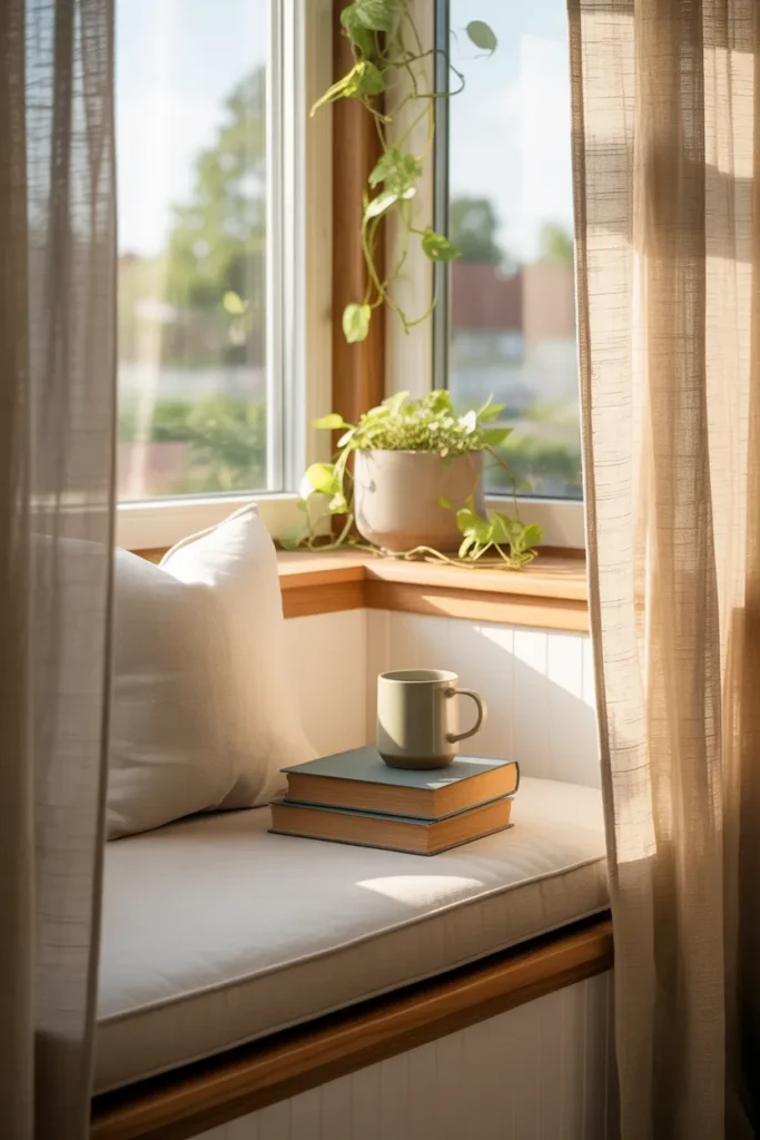 Cozy cream and oat-toned DIY window seat reading nook with hidden storage and styled cushions.