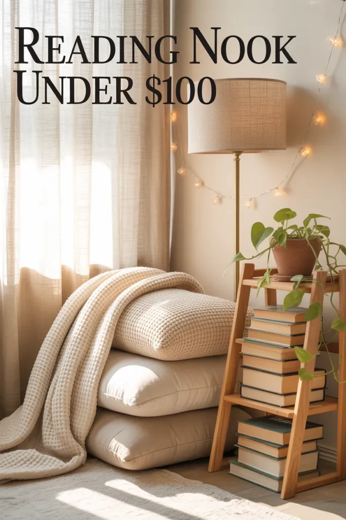 Cozy floor-cushion reading nook with brass lamp, fairy lights, and ladder shelf for a reading nook on a budget.
