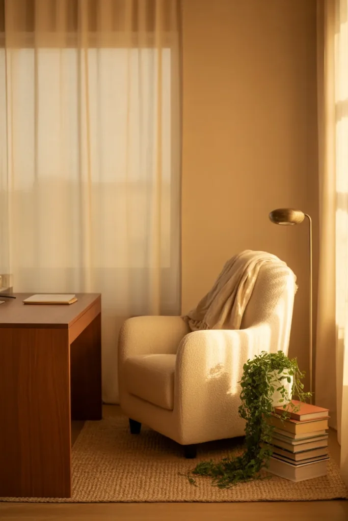 Cozy home office reading nook ideas featuring boucle armchair and wooden desk with natural light