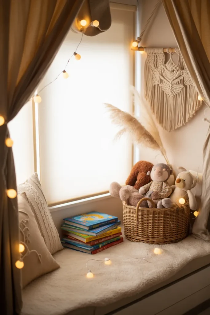 Cozy kids reading nook with storage bench and picture books under a sunny window