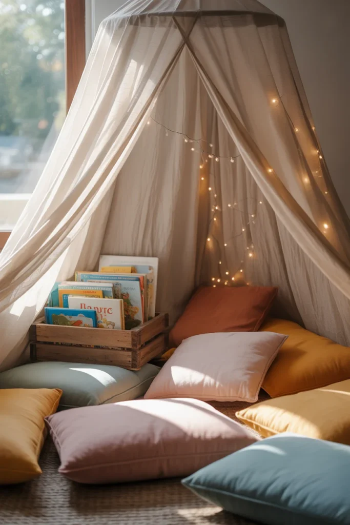 Cozy kids reading nook with white canopy fairy lights and floor cushions — magical kids reading nook ideas