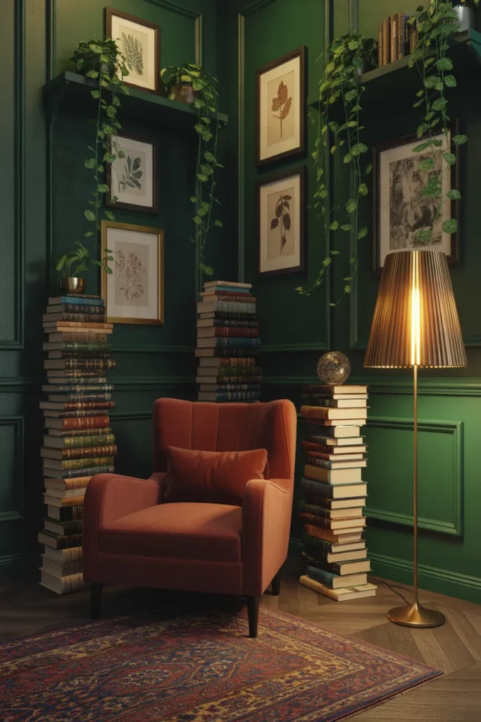 Cozy maximalist reading nook with emerald walls, oxblood velvet chair, vintage rug, and floor-to-ceiling books
