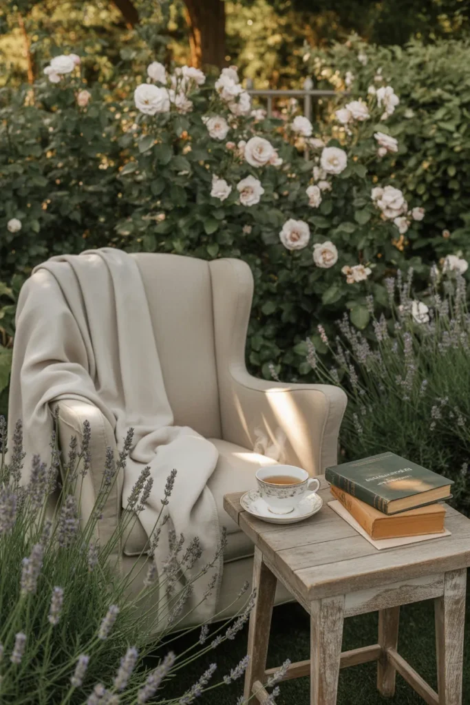 Cozy outdoor reading nook in a lush garden with cream armchair, books, and climbing roses — outdoor reading nook ideas.