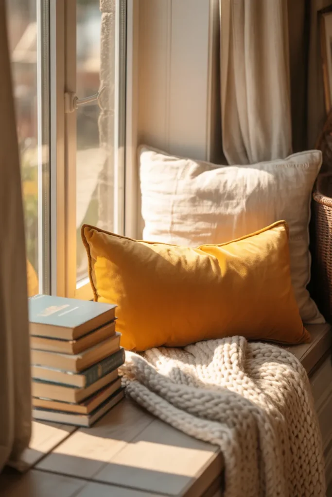 Cozy reading nook cushions and pillows layered on a sunlit window seat with books