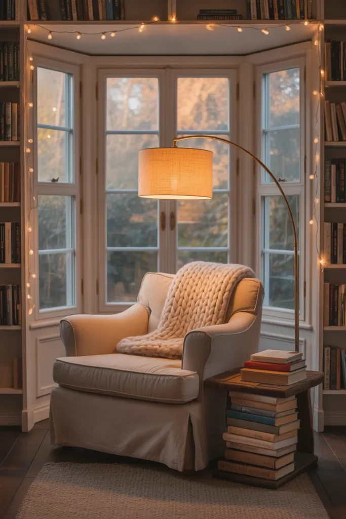Cozy reading nook lighting ideas featuring a warm glow floor lamp, fairy lights, and a soft armchair in a window seat.