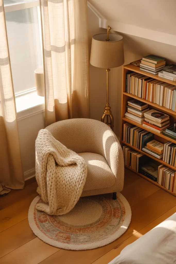 Cozy reading nook rug in cream and rust under a beige armchair with a brass floor lamp and wooden bookshelf