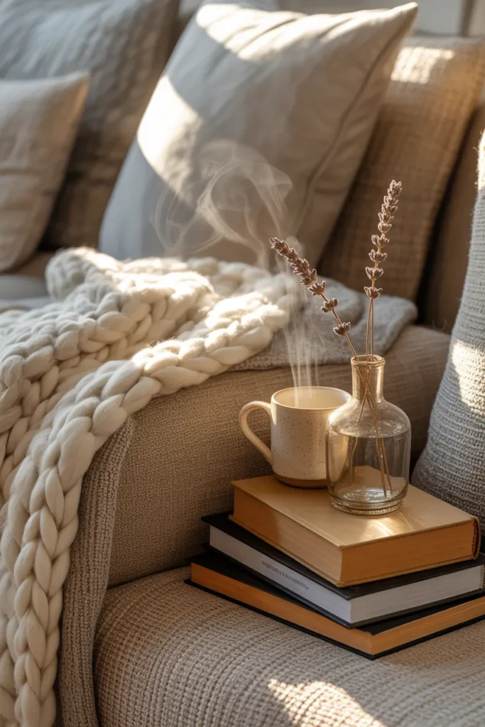 Cozy reading nook styling details with knit throw blanket books and warm lighting
