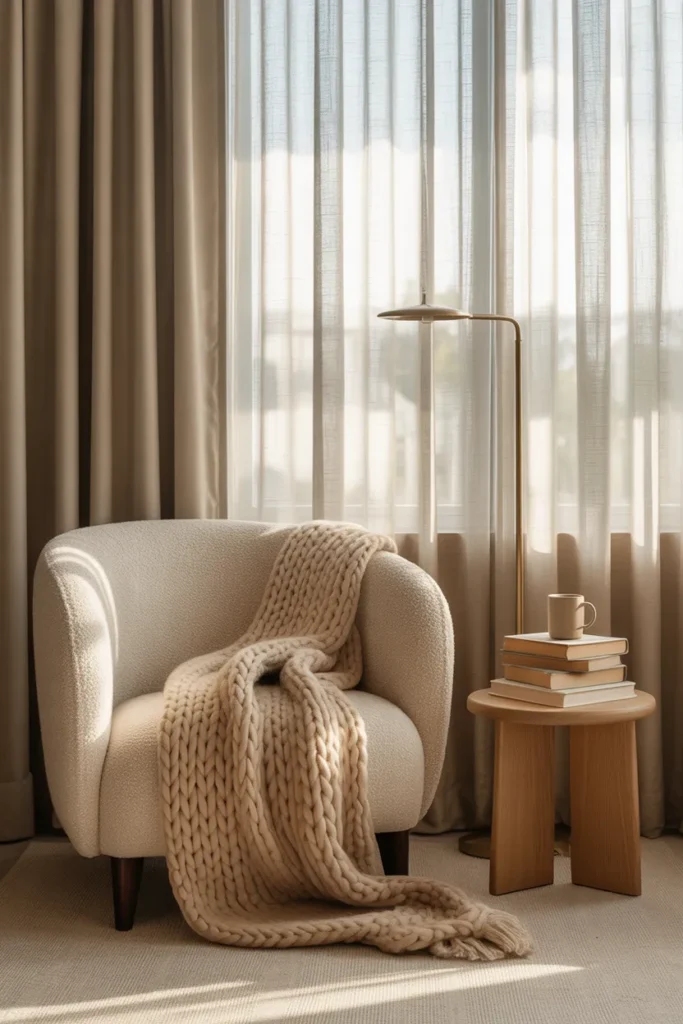 Cozy reading nook with chunky knit throw blanket draped over cream armchair and morning light.