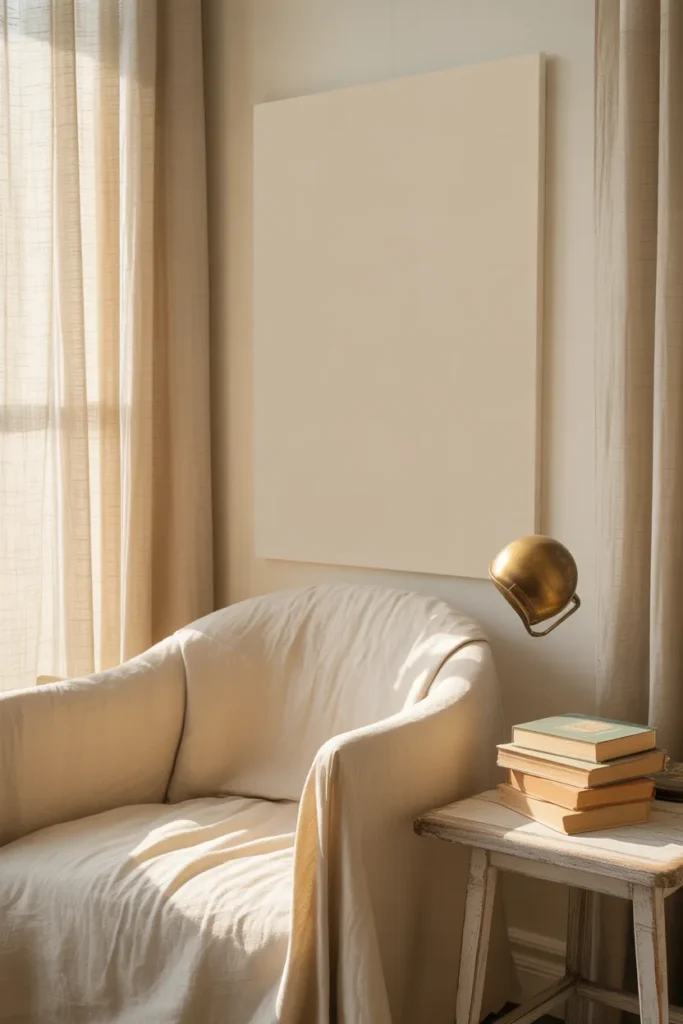 Cozy reading nook with cream armchair and blank wall ready for reading nook wall decor