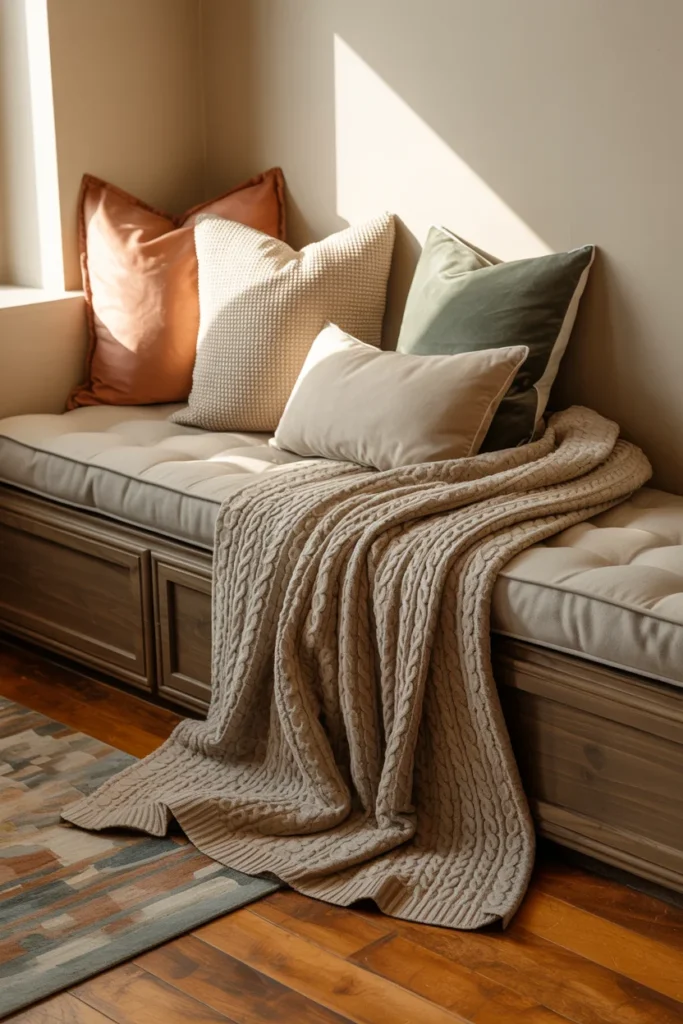 Cozy reading nook with layered earth-tone throw pillows chunky knit blanket and patterned area rug