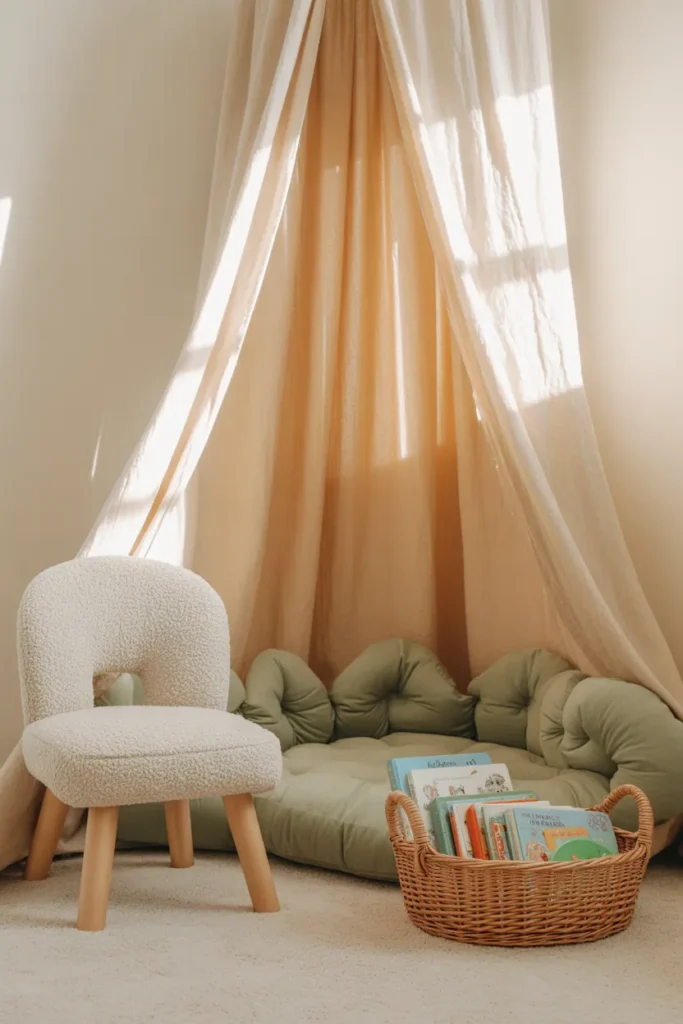 Cozy toddler reading corner with sage cushion, woven book basket, and white canopy in a sunlit bedroom