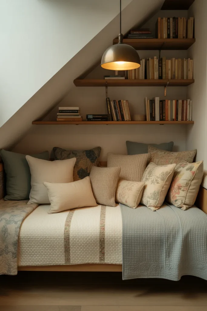 Cozy under stairs daybed reading den with layered quilts, floating bookshelves, and pendant lighting