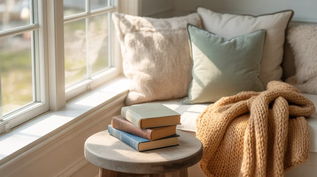 Cozy window seat reading nook with cushions, throw blanket, and books bathed in natural morning light