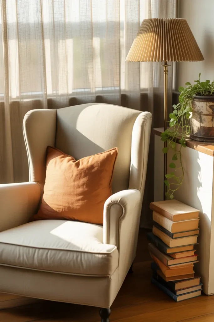 Cream velvet wingback armchair from Facebook Marketplace styled as a budget reading nook with brass lamp and books.