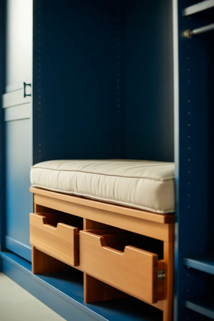 DIY built in closet bench with storage drawers and cushioned seat for reading nook