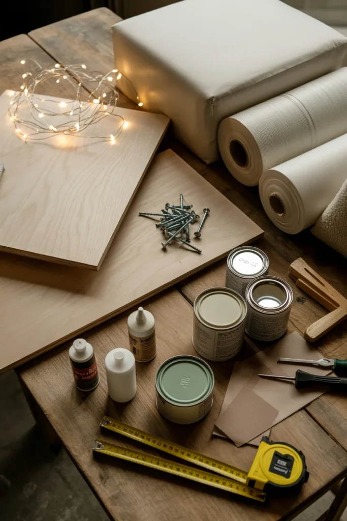 DIY reading nook building materials flat lay with plywood cushion foam fabric and tools