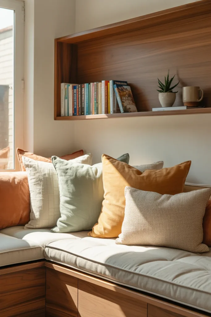 DIY reading nook in a sunny living room corner with cushioned bench and floating bookshelf